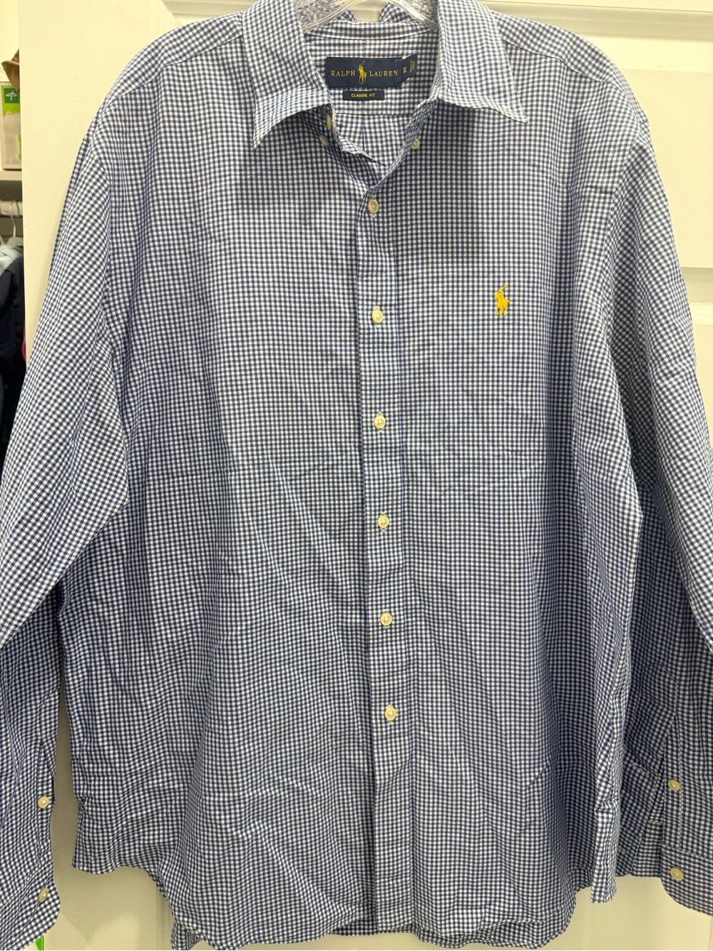 Ralph Lauren Blue Gingham Button-Down Shirt with Yellow Pony